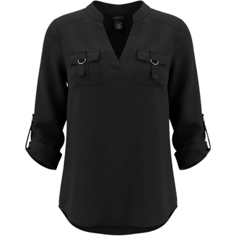 Rue21 Utility Blouse Womens Medium Black Excellent D-Ring Roll Tab Sleeve Top